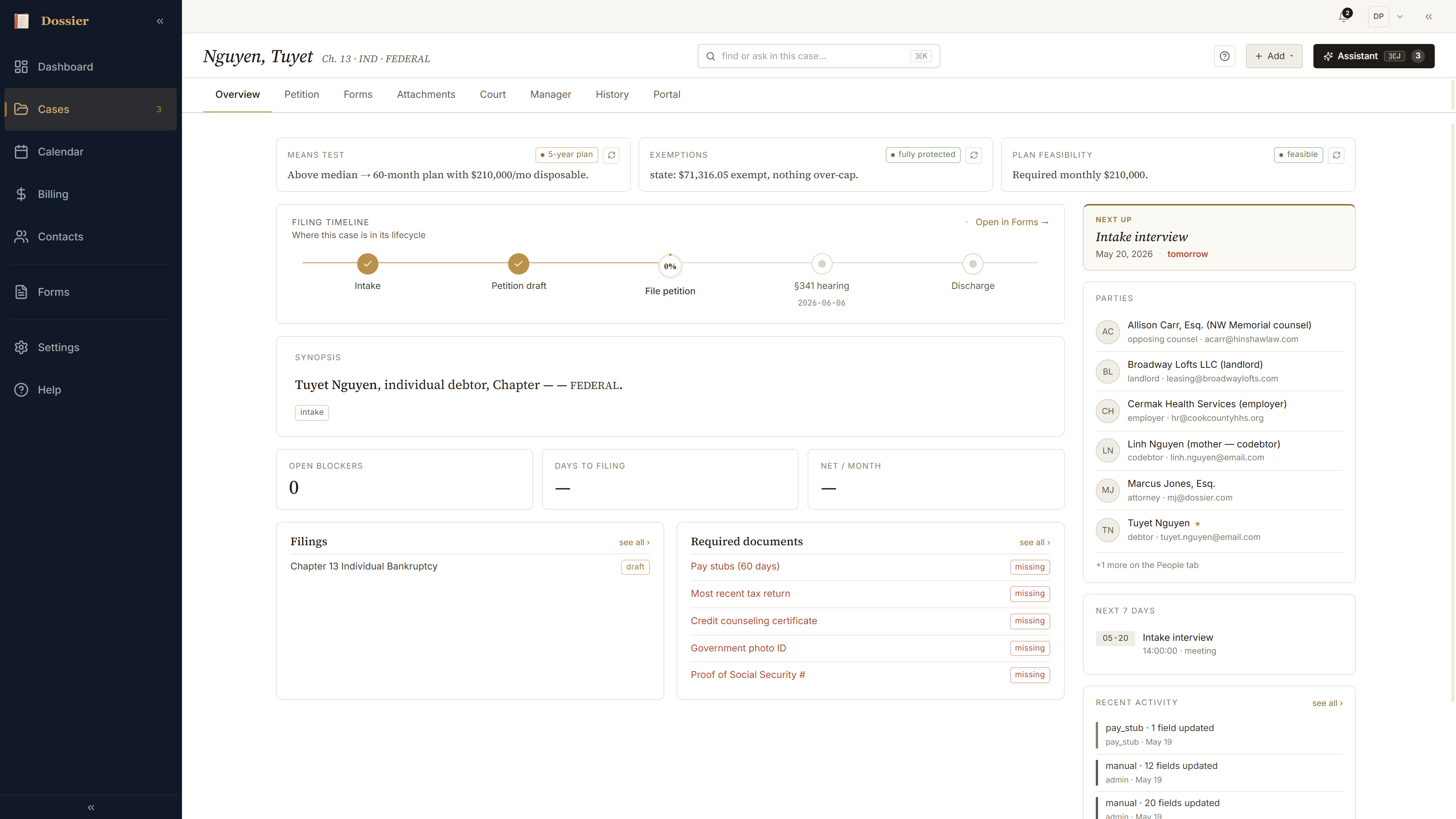 Overview tab fully populated from portal data with the verdict strip across the top