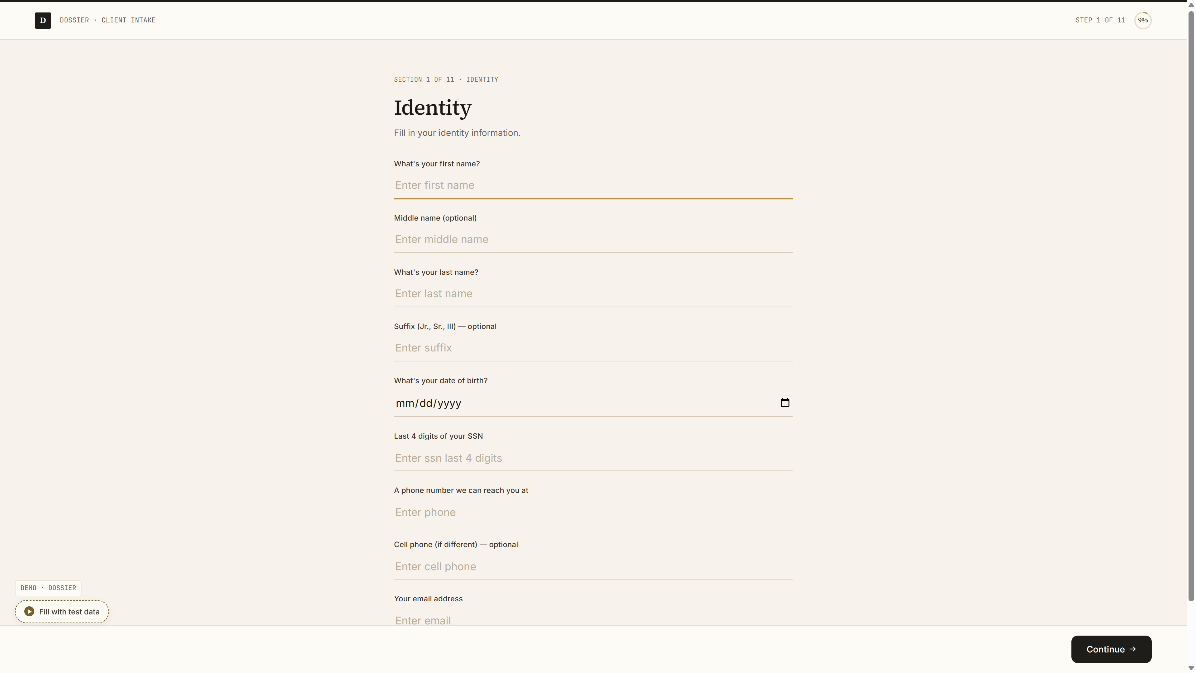 Portal home: branded intake wizard, first question visible