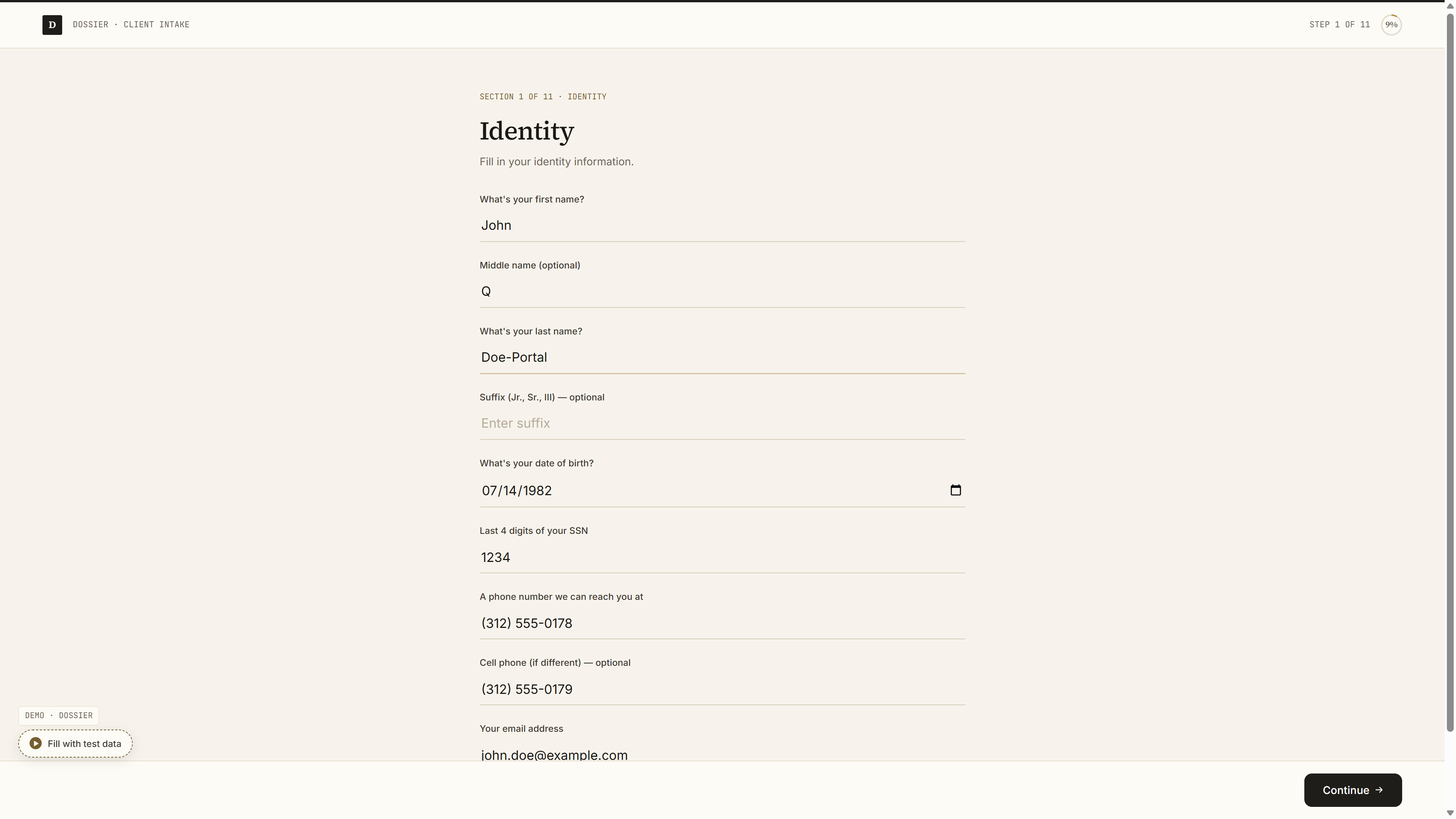 Wizard identity step with debtor data filled in