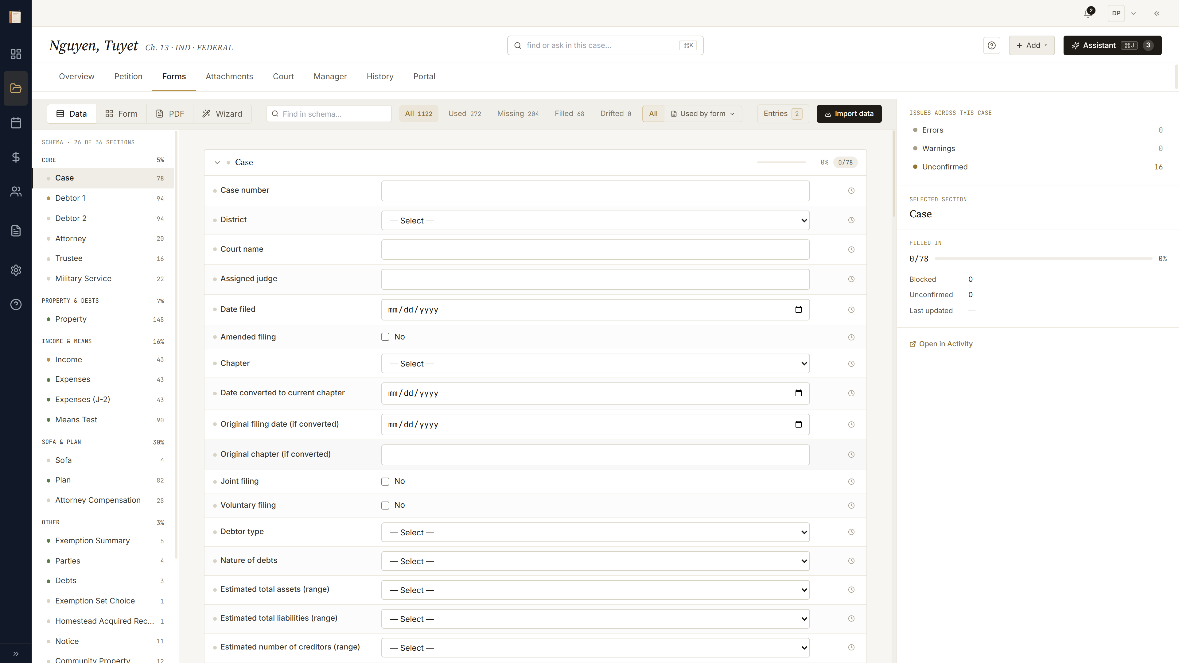 Entries inbox showing portal / paystub / attorney source chips and a chronological timeline