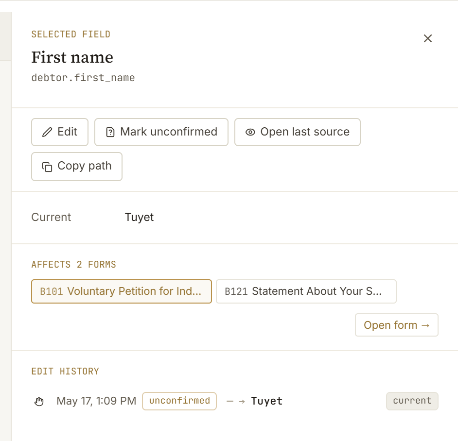 Field inspector cropped to the right rail: Affects 2 forms panel with cropped PDF tiles and edit history