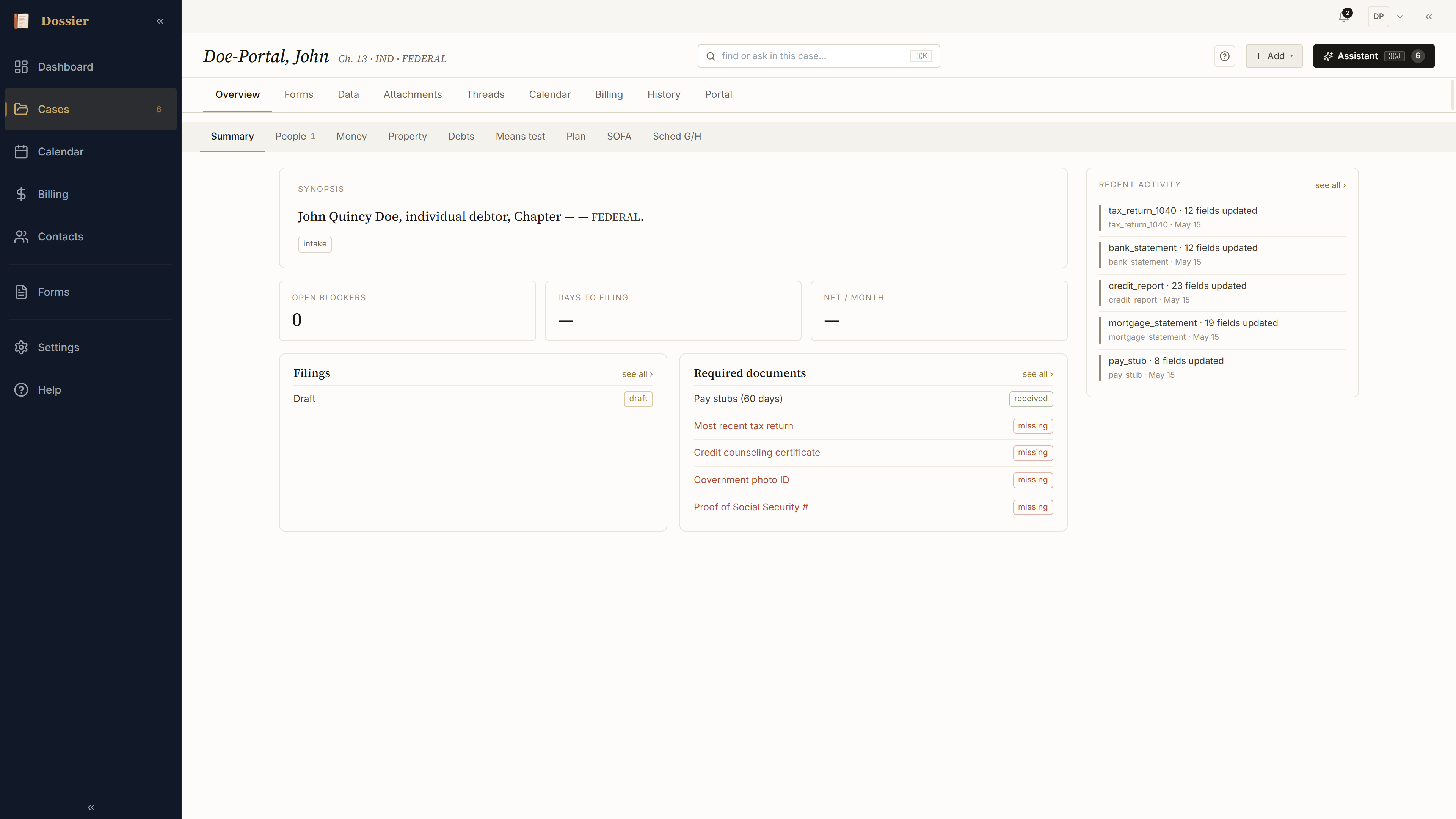 Bankruptcy overview tab fully populated