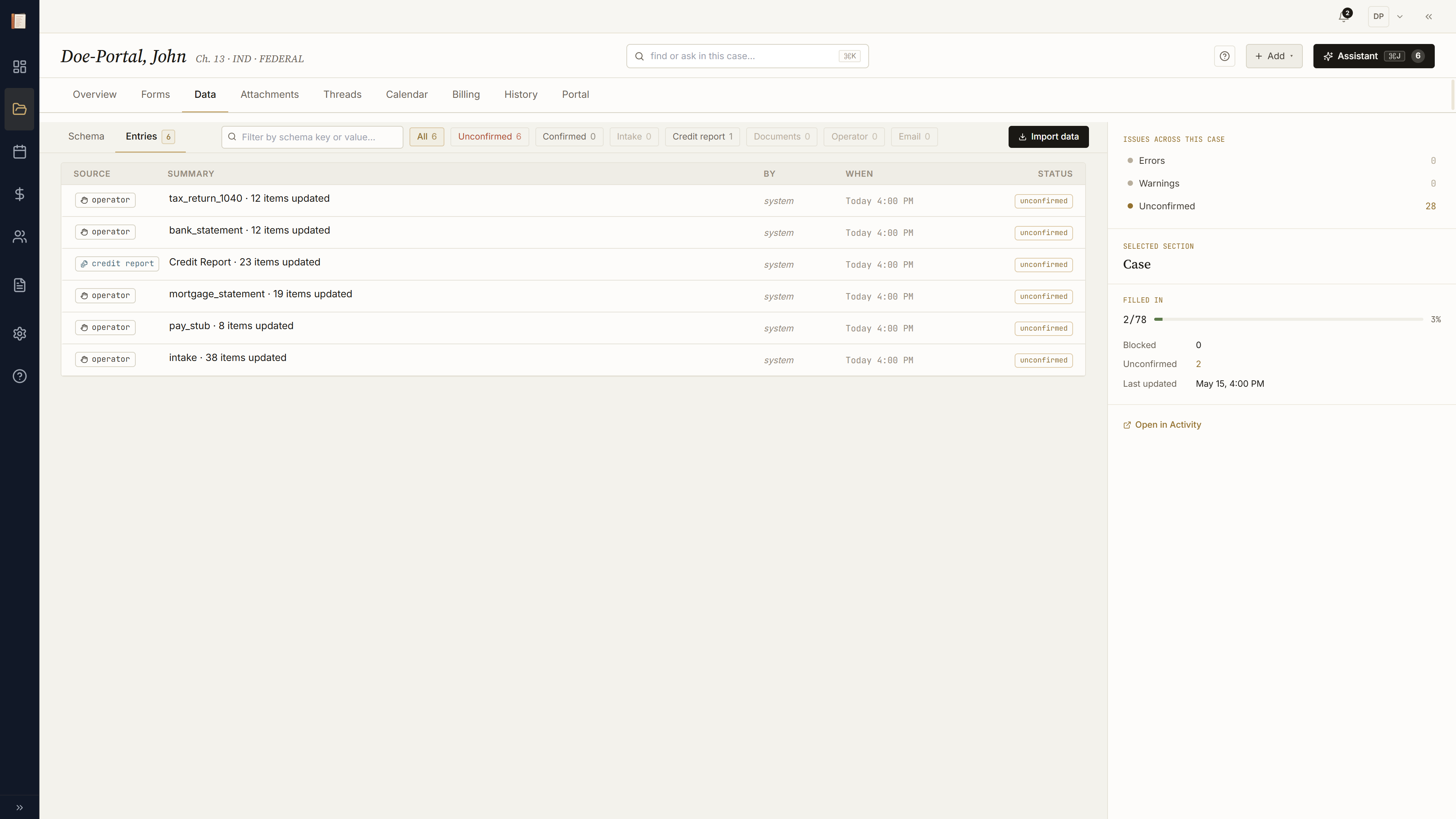 Data tab Entries view with source chips and timeline rows