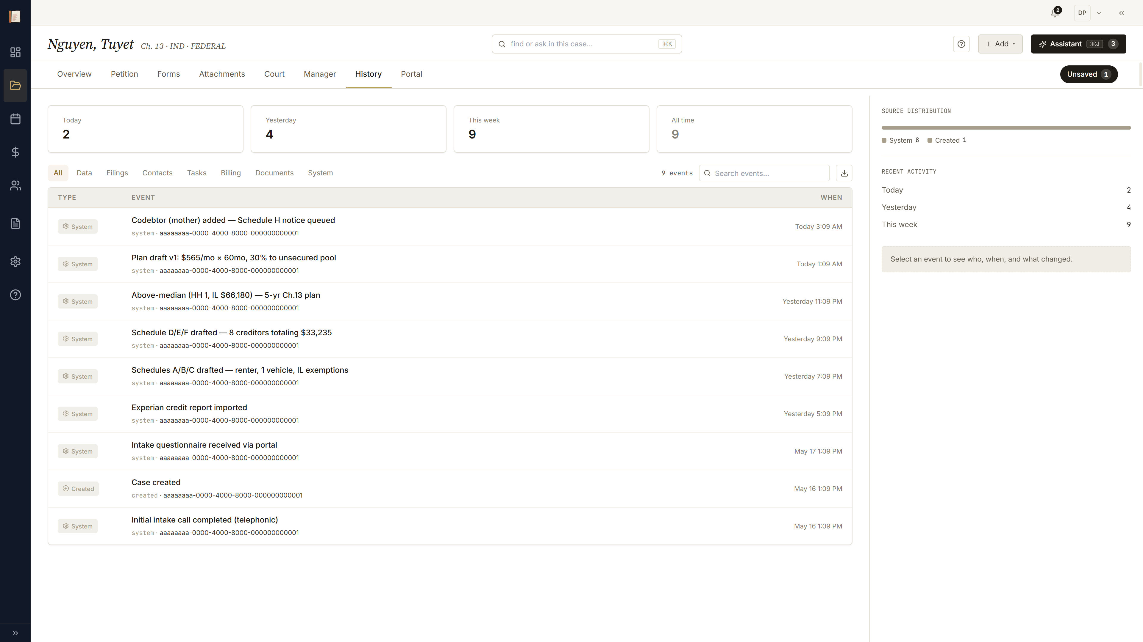 History tab with a chronological audit trail of entries, status changes, and filings