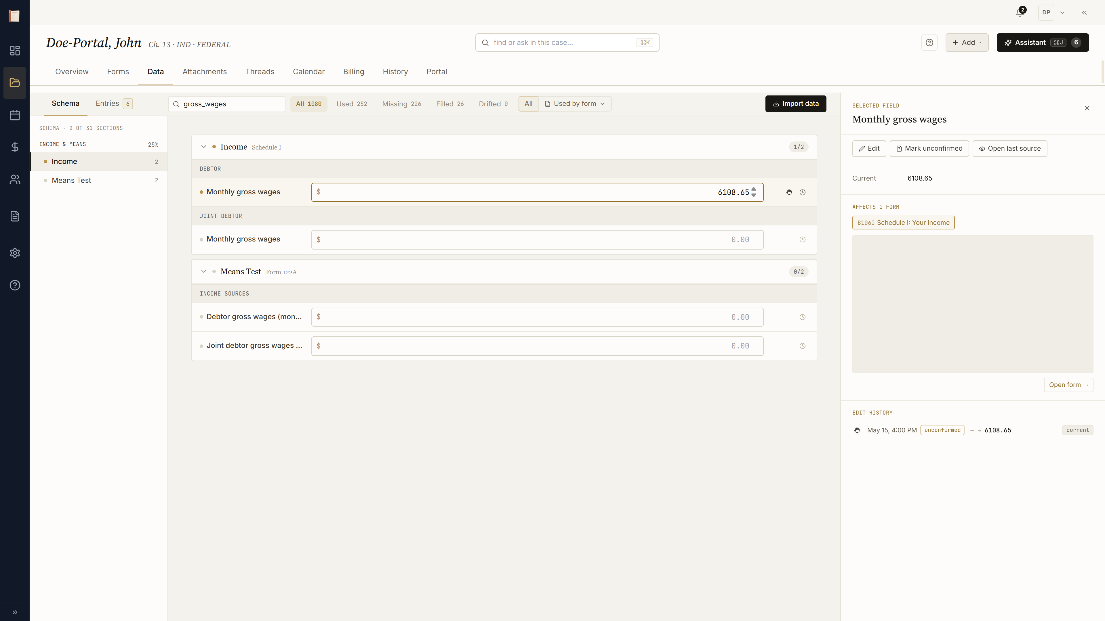 Field inspector showing two writes for debtor.employment.income from different sources