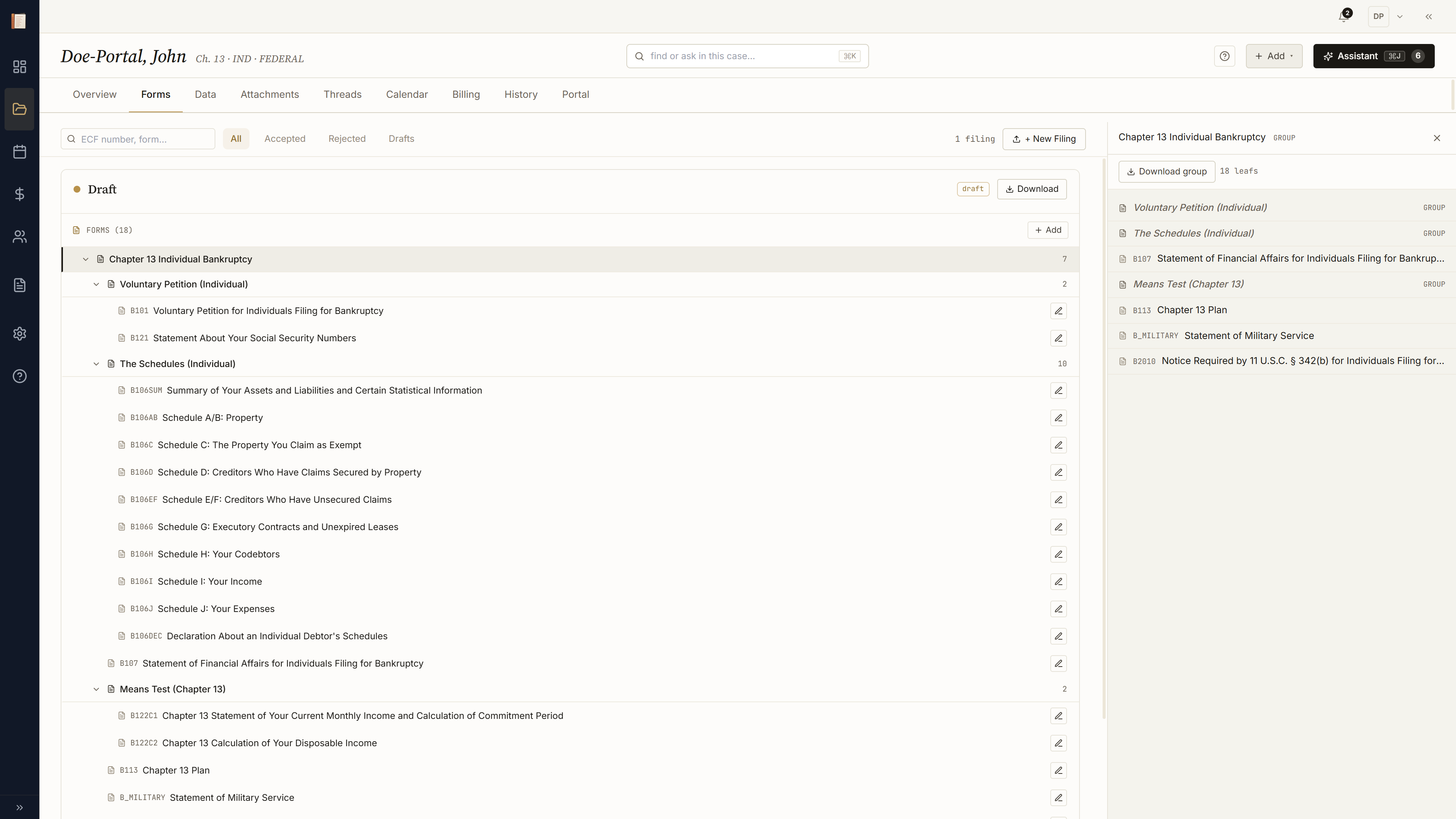 Filings tab with Chapter 13 group selected — full schedule tree with readiness state