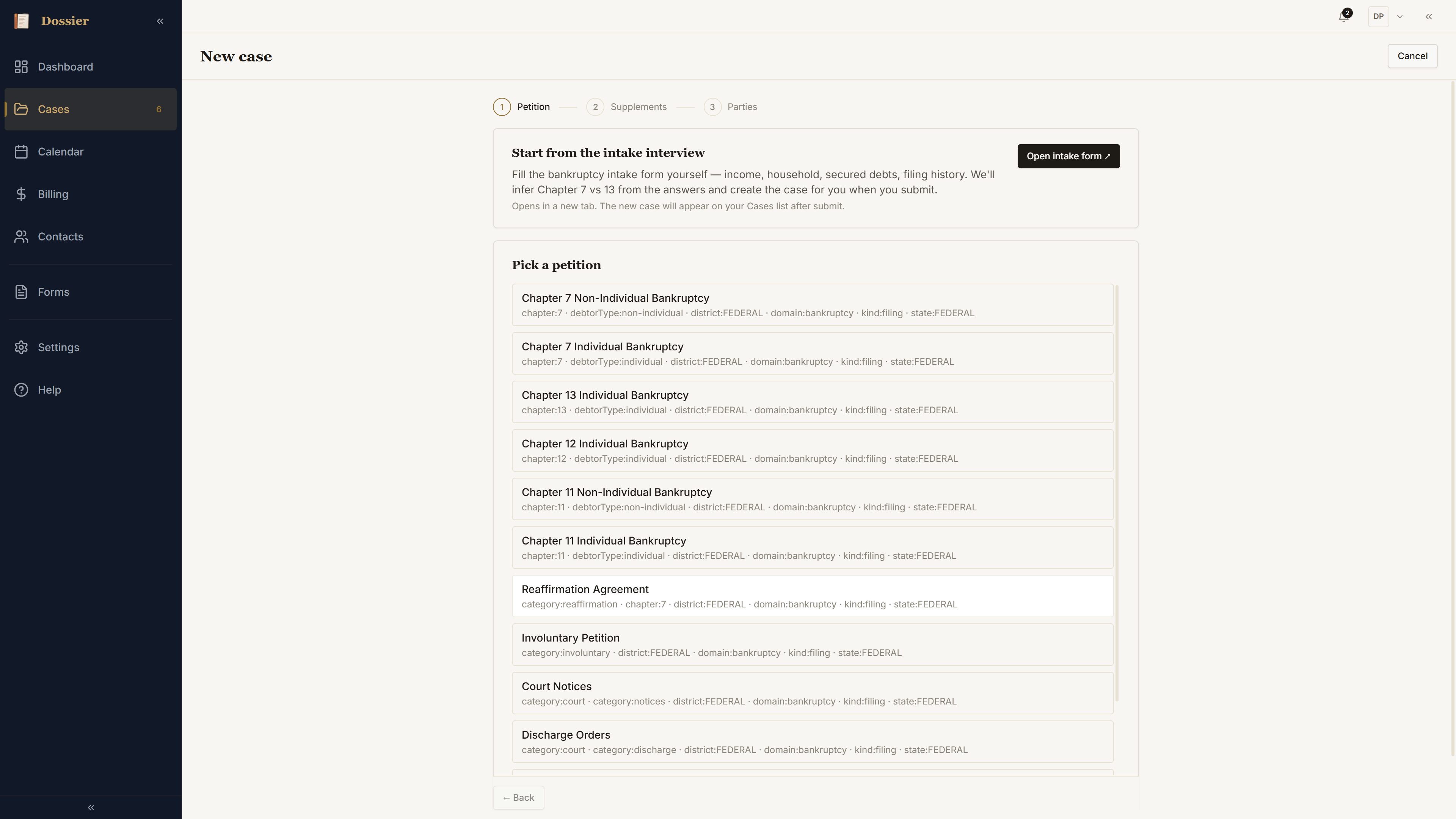 New case wizard: practice picker with bankruptcy selected