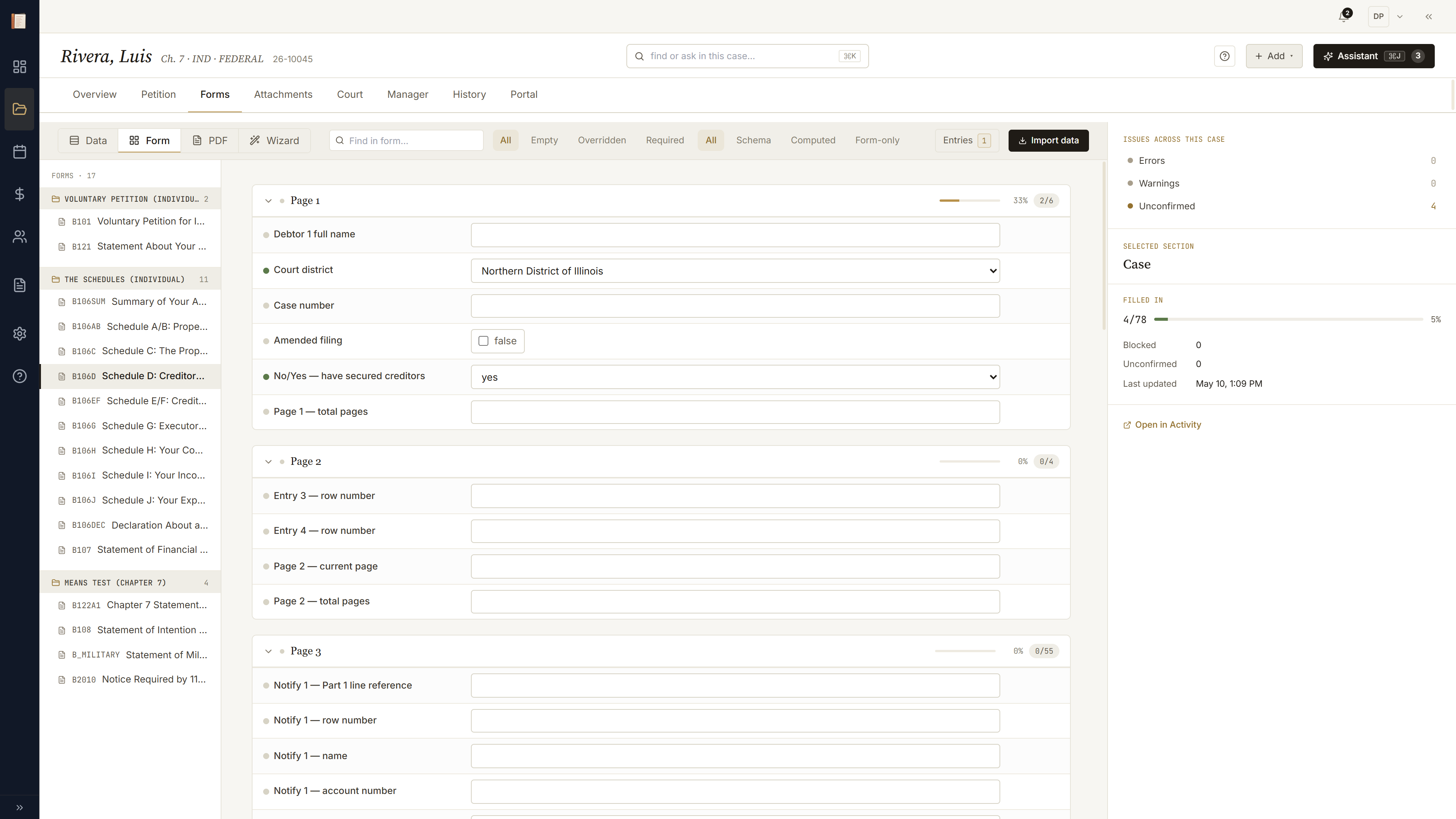 Form lens on Schedule D after credit-report import: four secured rows filled, source chip = credit-report