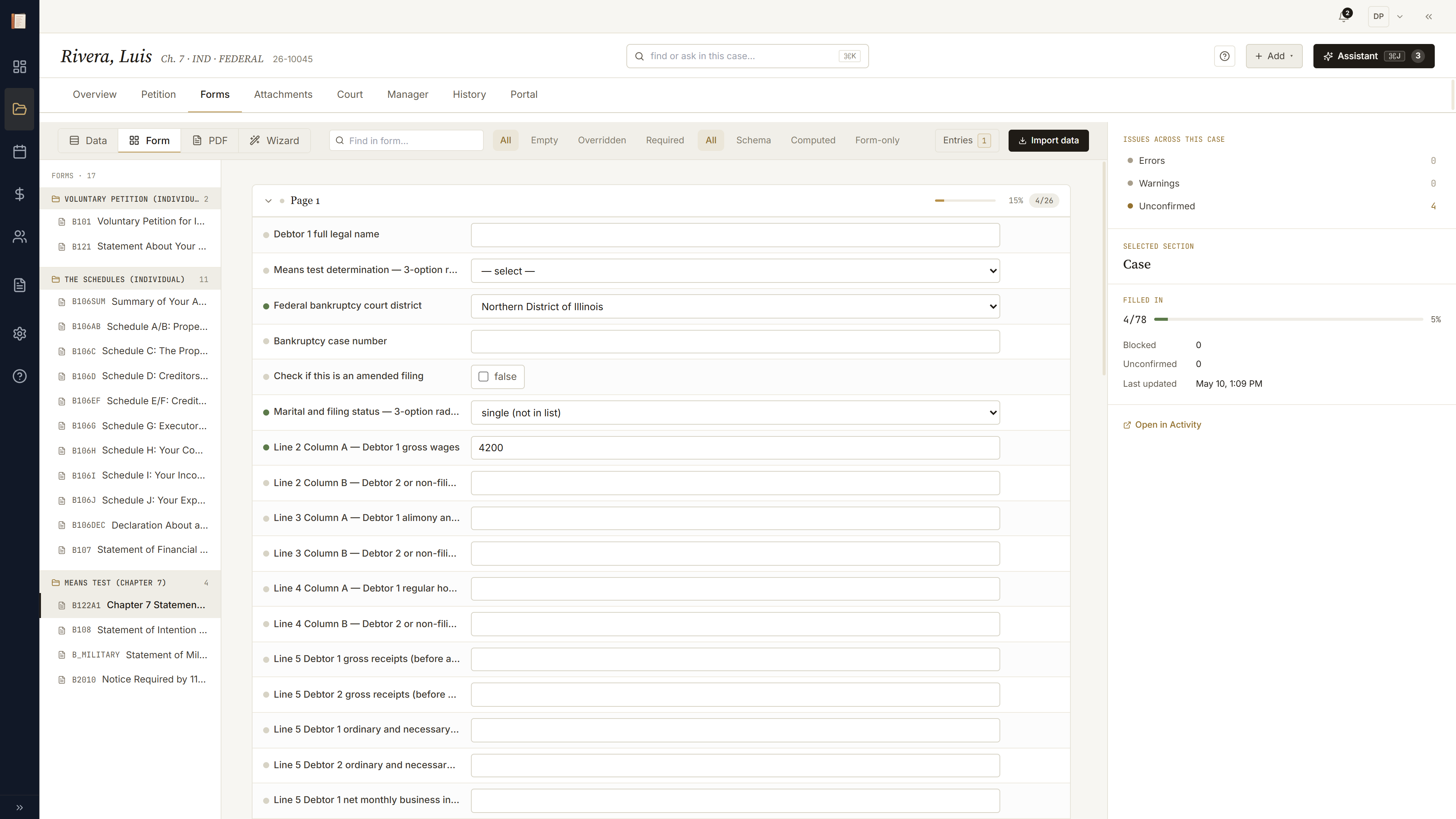 Form lens on B122A-1 mid-cascade: marital status flipped, Column B income rows in gold reveal animation