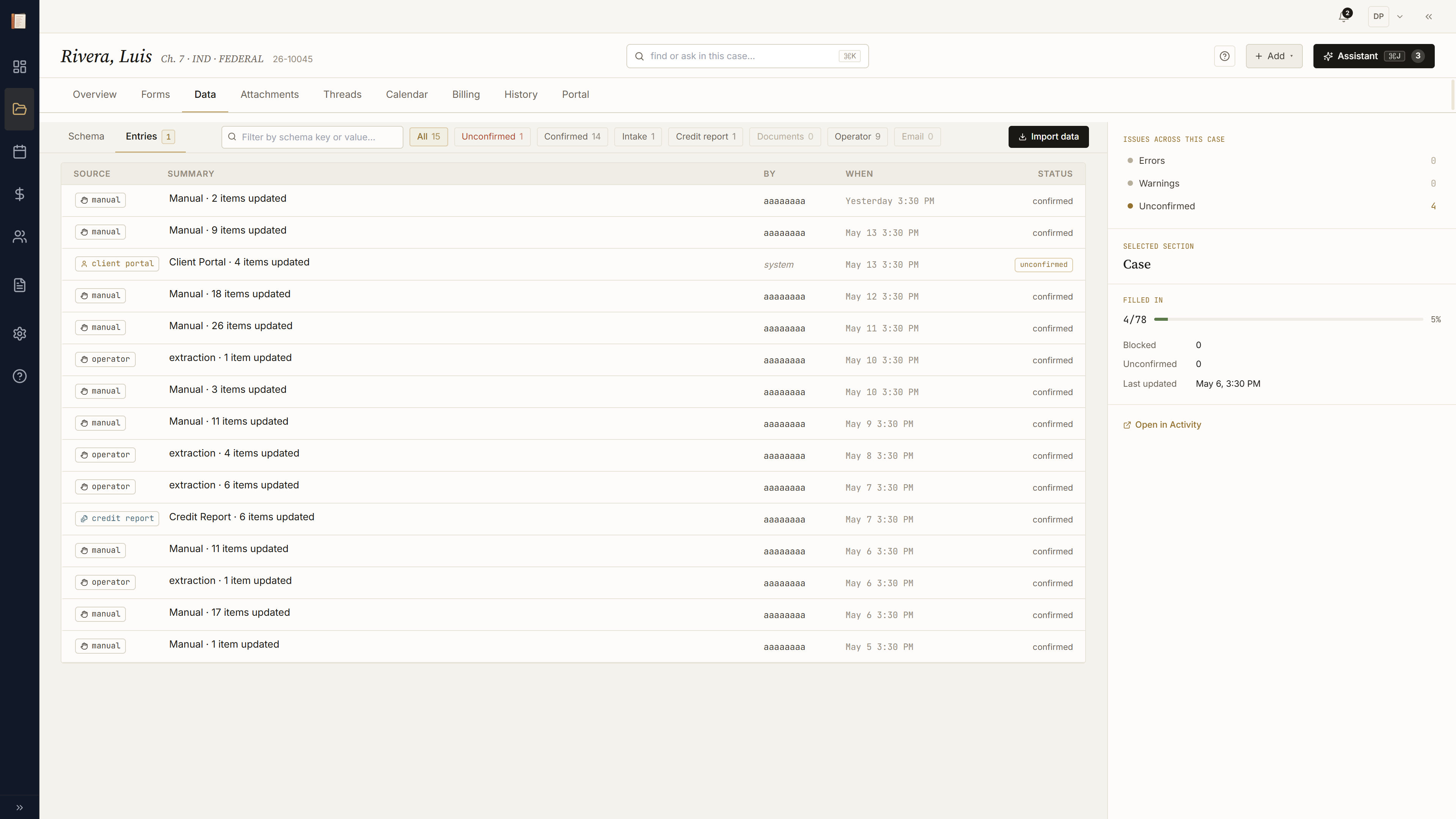 Data entries timeline with tax return and bank statement rows added
