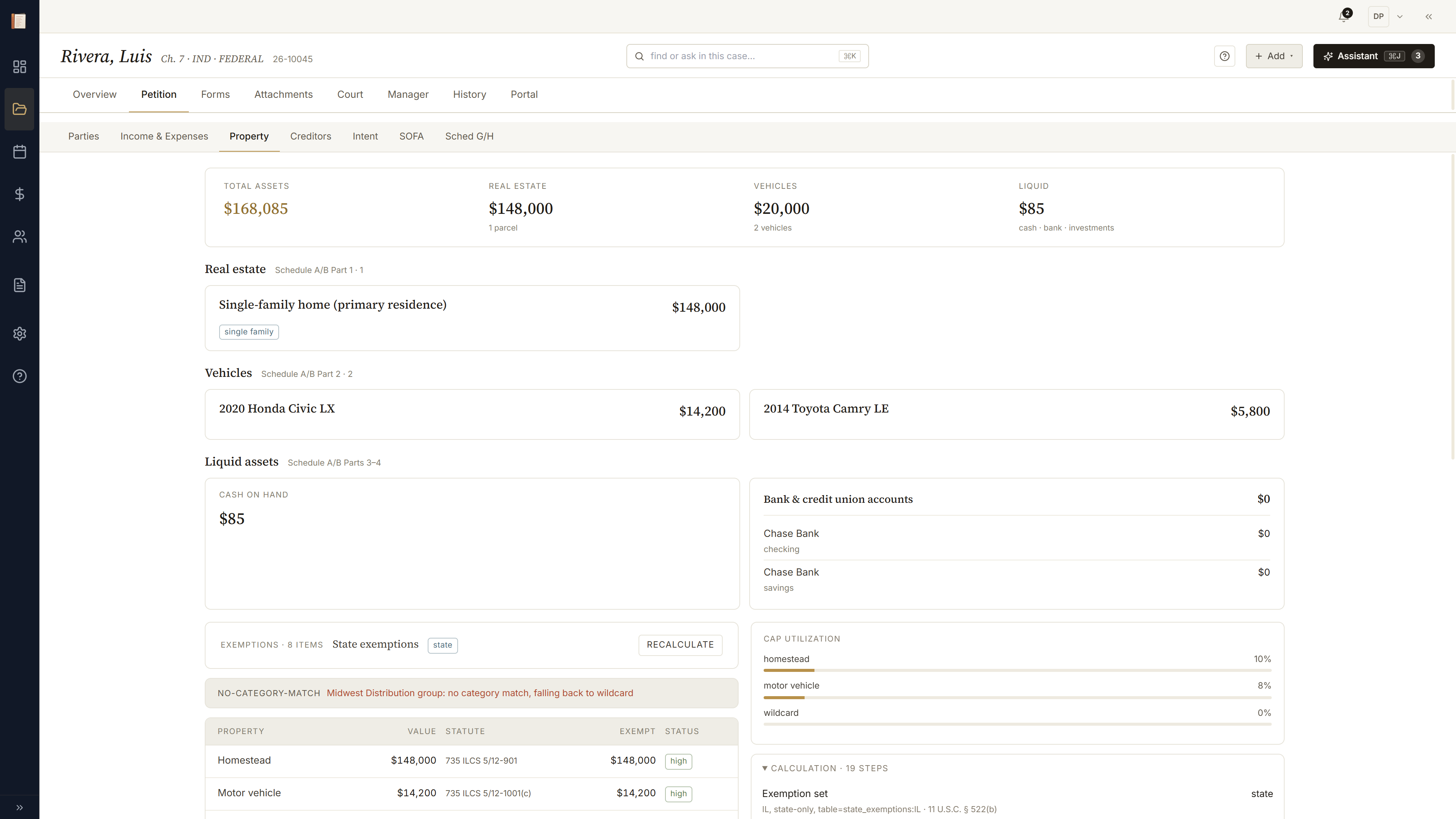 Property tab exemption resolver: per-asset rows with available/claimed columns and a trace open on the homestead