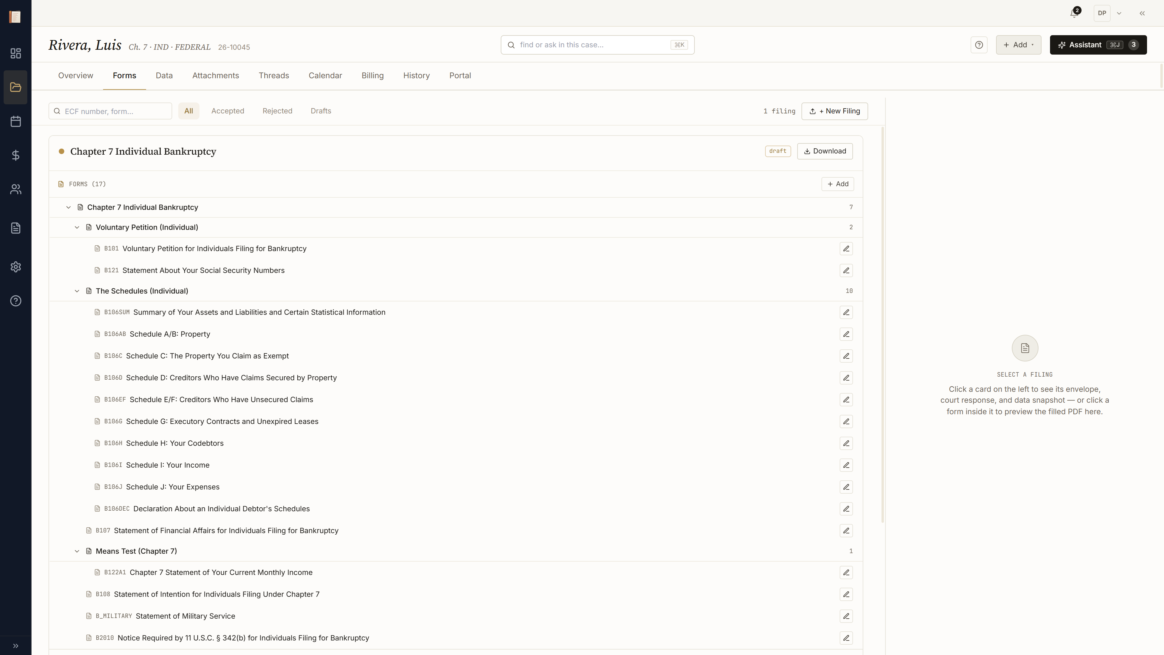 Filings tab showing populated Ch7 form tree
