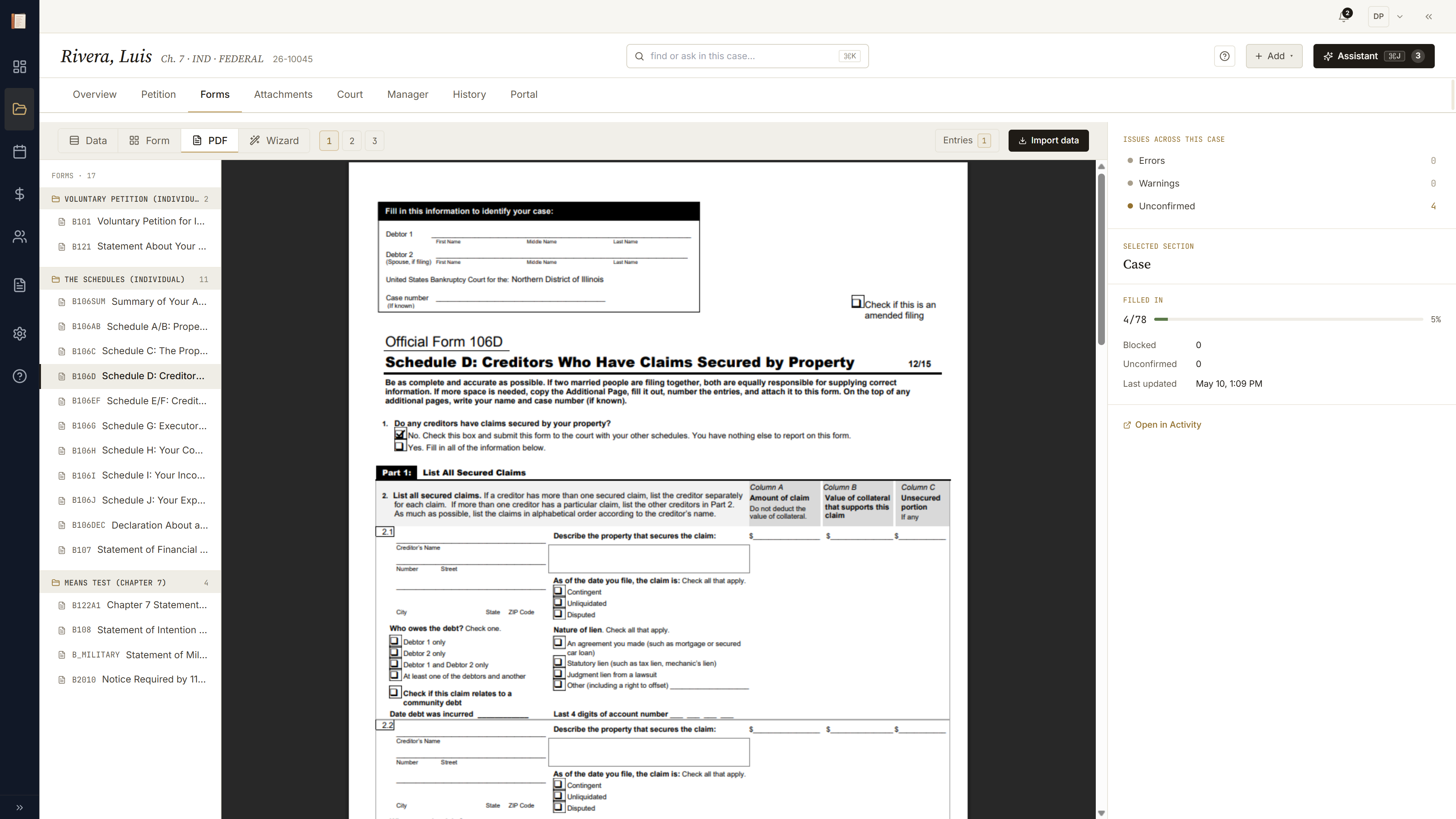PDF lens on Schedule D page 1, focused on a secured creditor row with the rail showing the source key