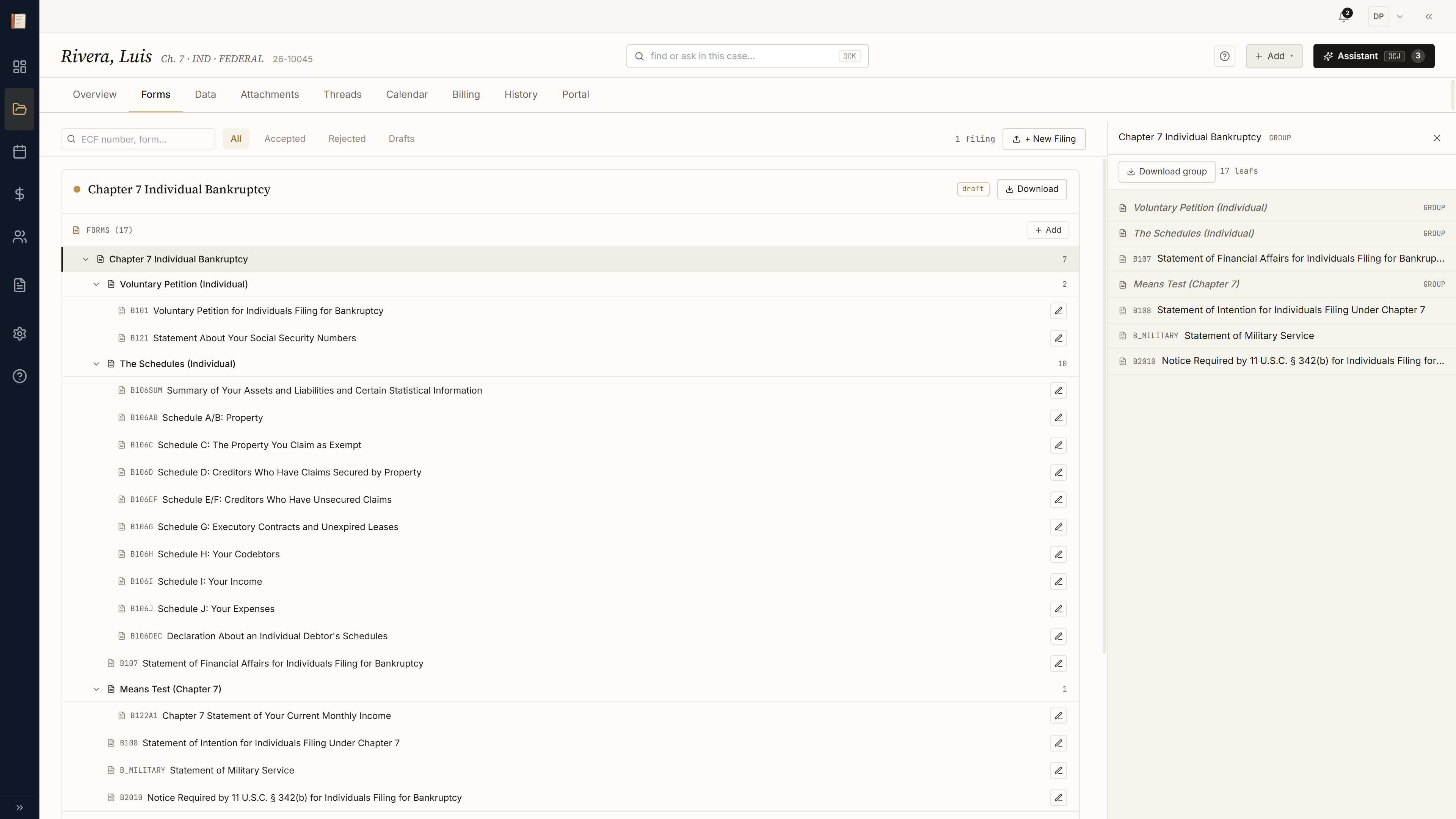 Filings tab with Chapter 7 group selected — full schedule tree with readiness state