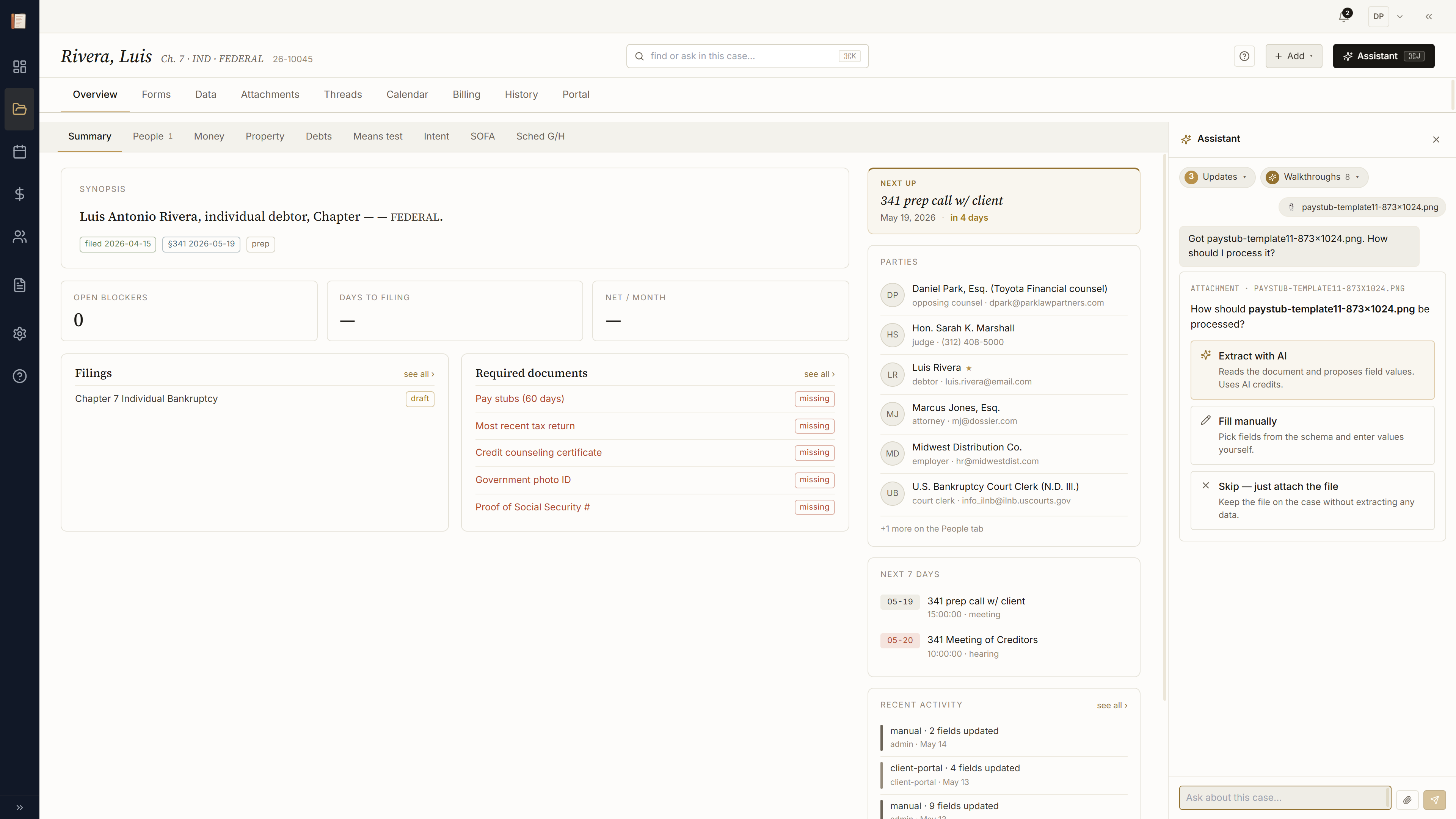 Assistant drawer with a paystub PNG just uploaded, extraction summary visible