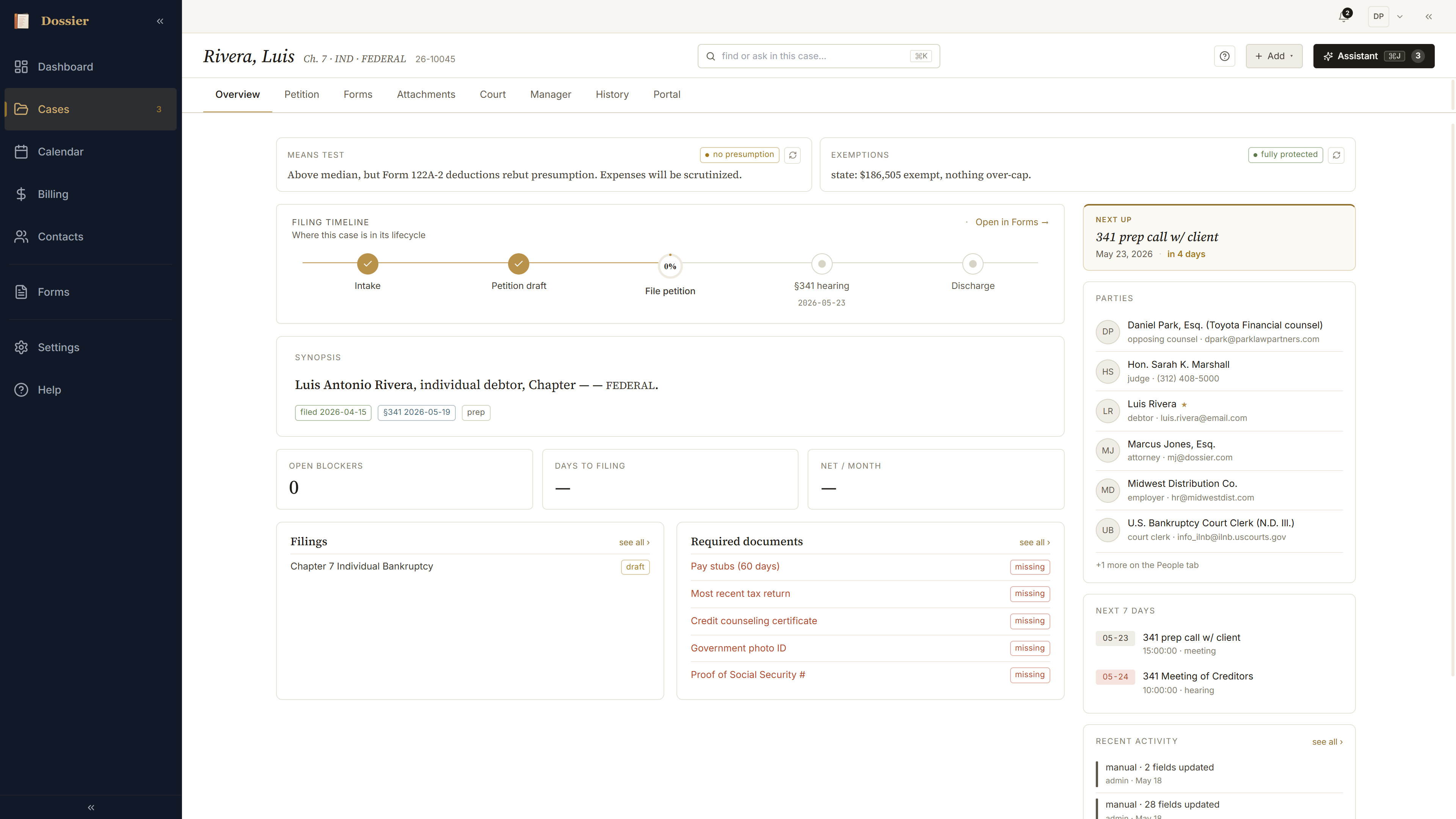 Case-detail page on Overview: header with court caption, status pill, key dates, and the tab row across the top