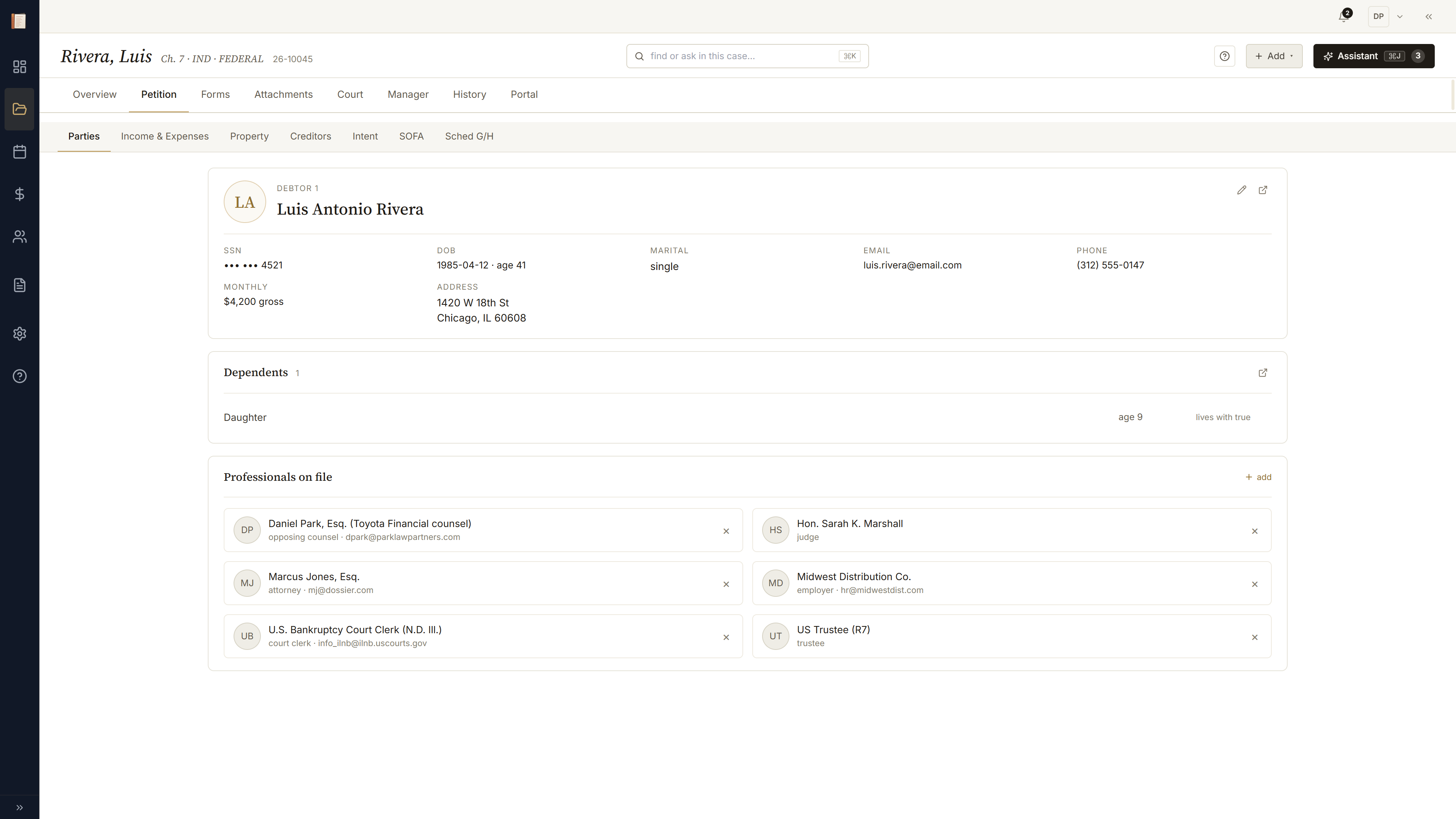 Petition tab with the Parties subtab active: debtor card, joint debtor, dependants