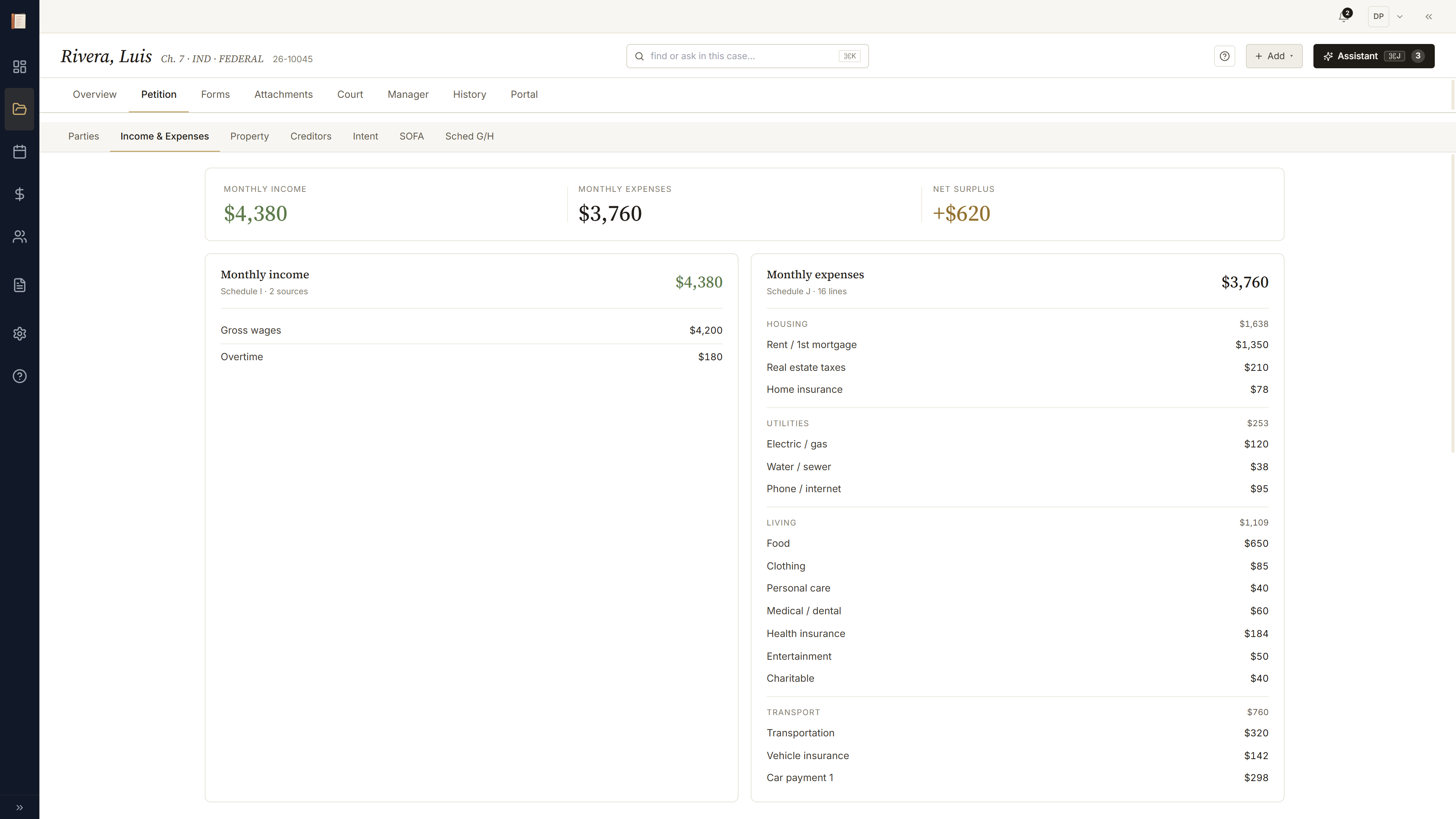 Petition → Income & Expenses subtab with the inline means-test calculator and explained worksheet