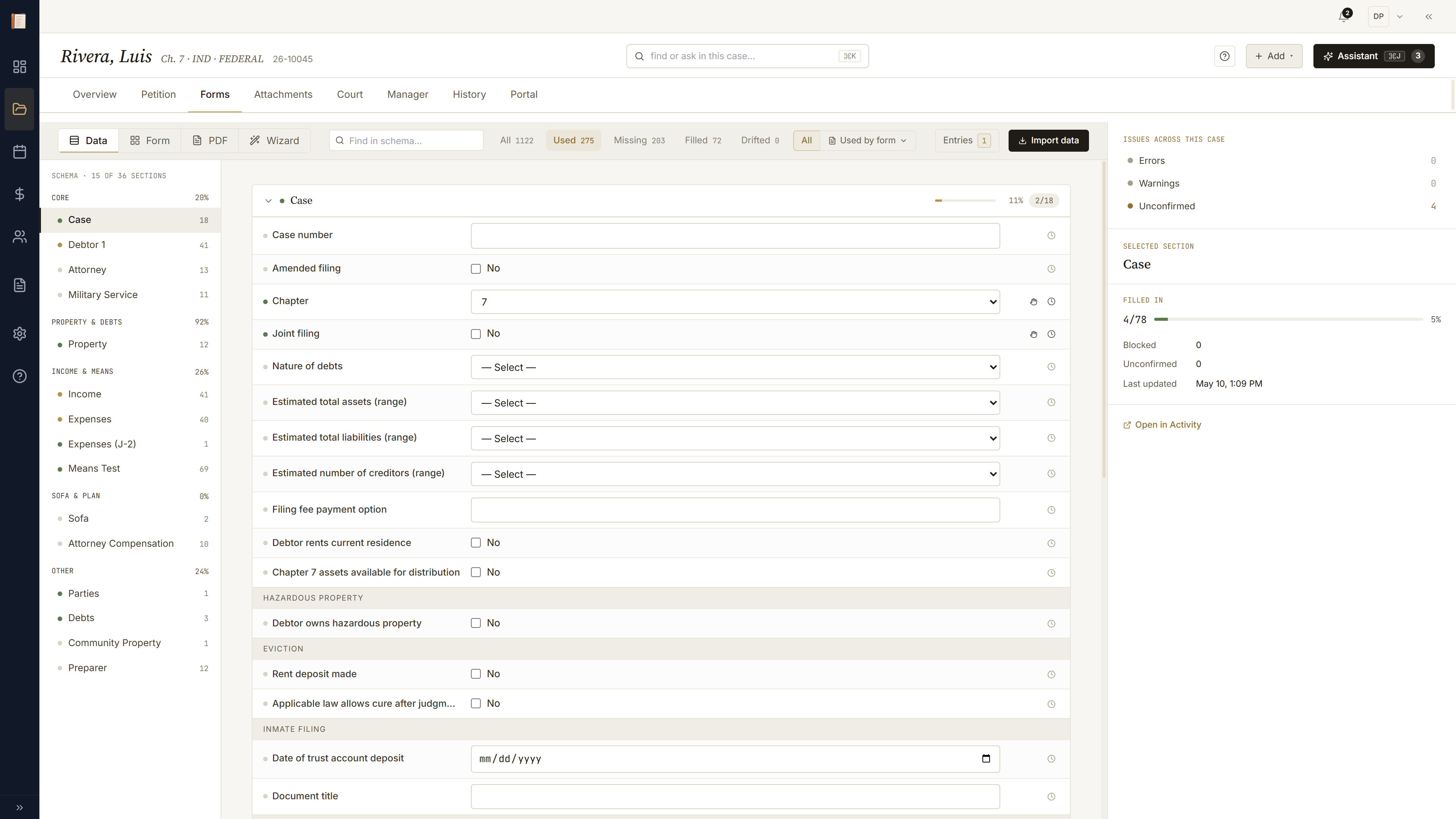 Forms tab with the Data lens active: topical sections with inline inputs