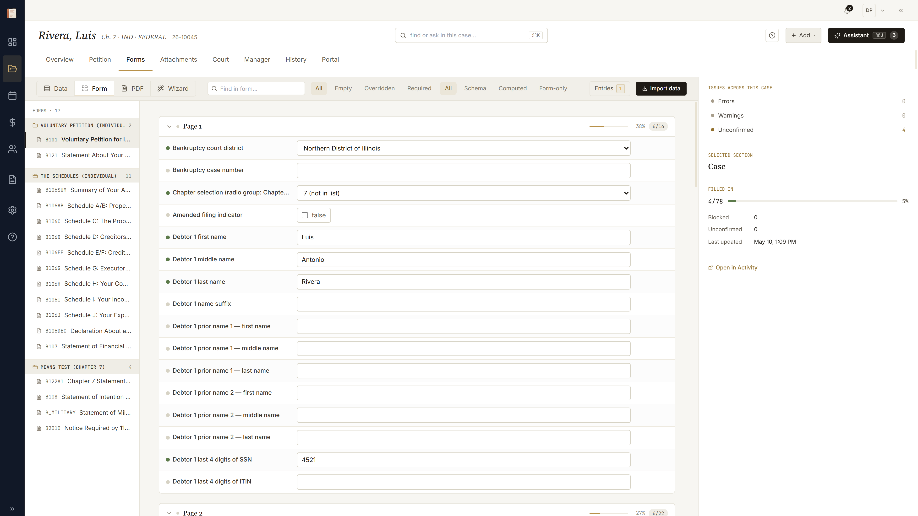 Forms tab with the Form lens active on a specific form: line-by-line rows, computed indicators, per-row override dropdown