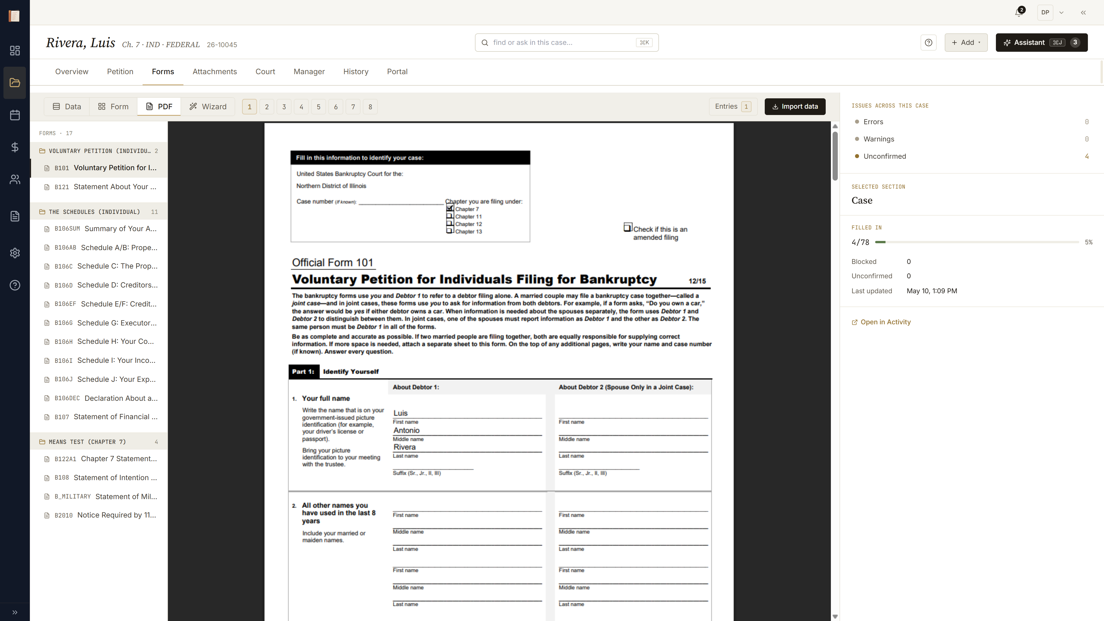 Forms tab with the PDF lens active: real fillable PDF rendered with a focused-field overlay