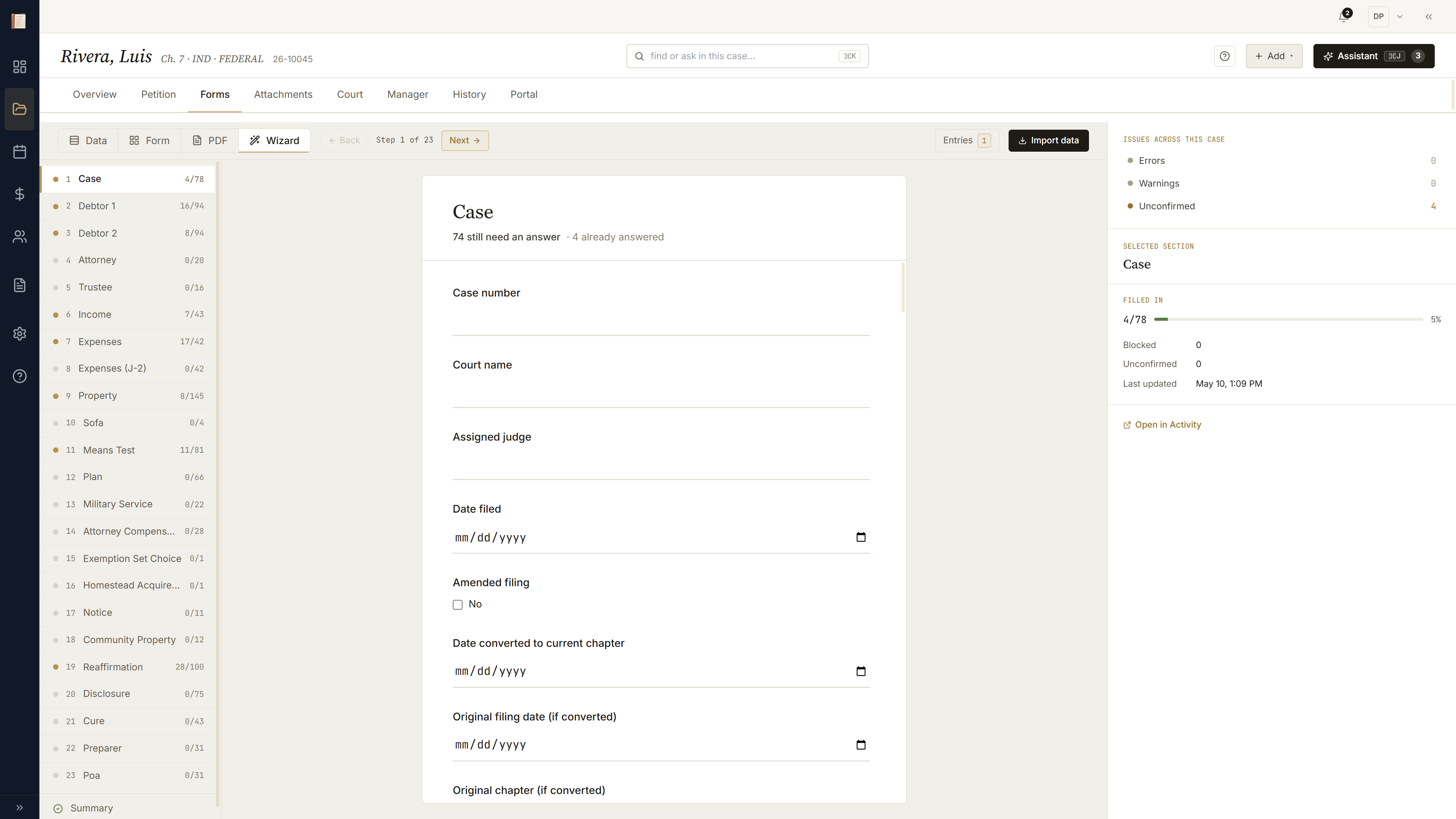 Forms tab with the Wizard lens active on a topical band: progress rail, Back/Next