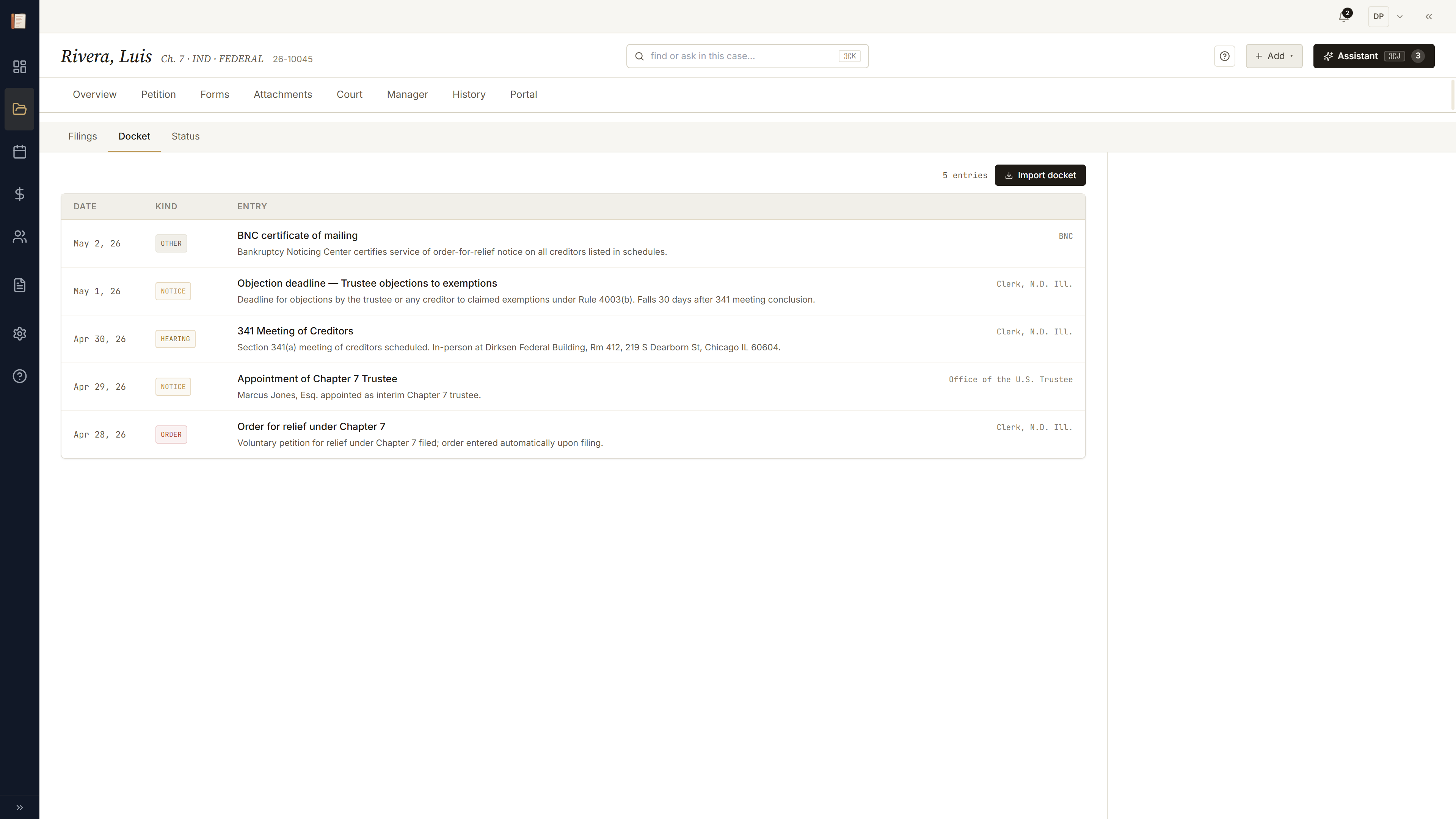 Court → Docket subtab with imported entries and the import action visible