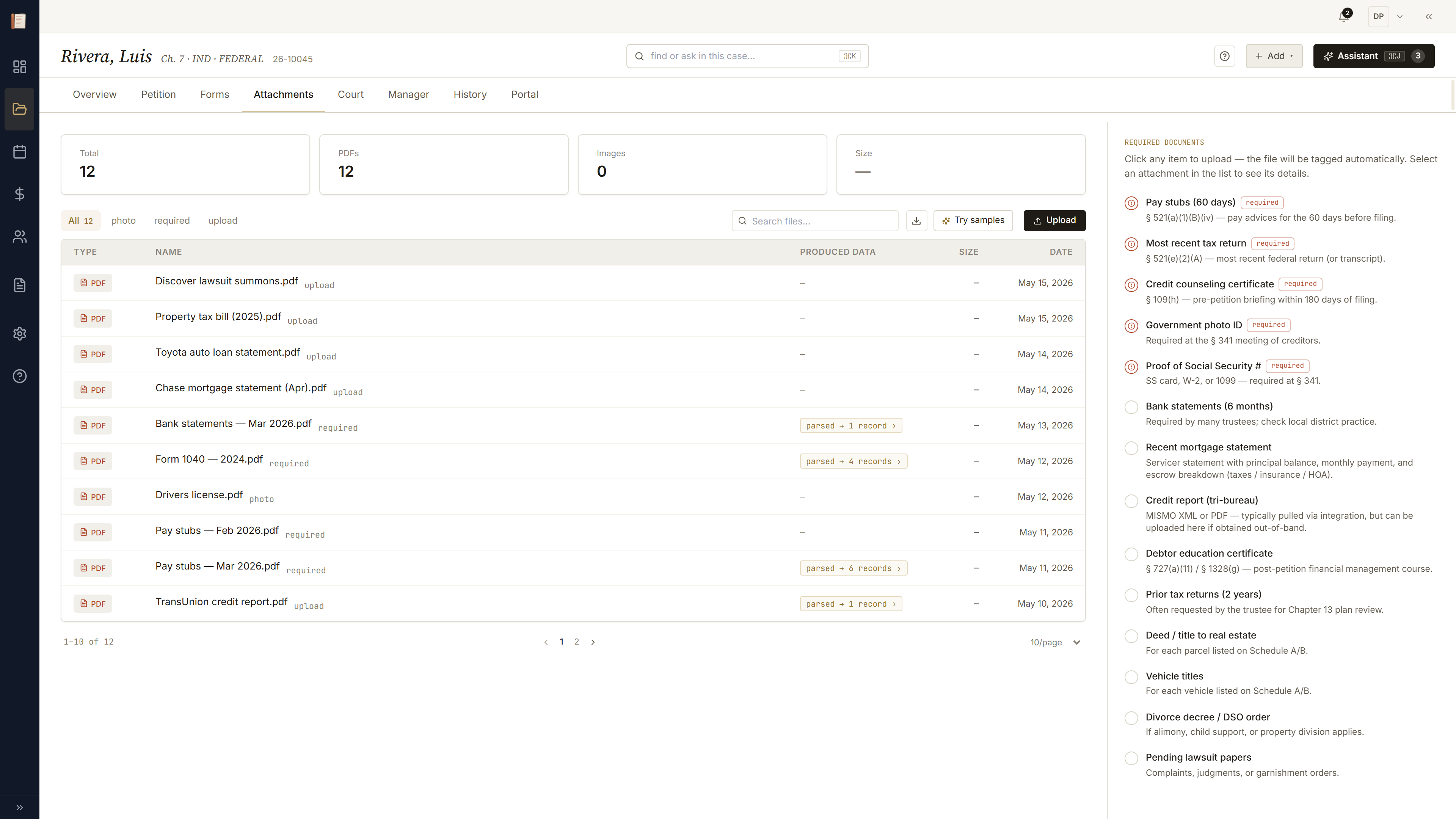 Attachments tab with the document checklist on the left and uploaded files on the right