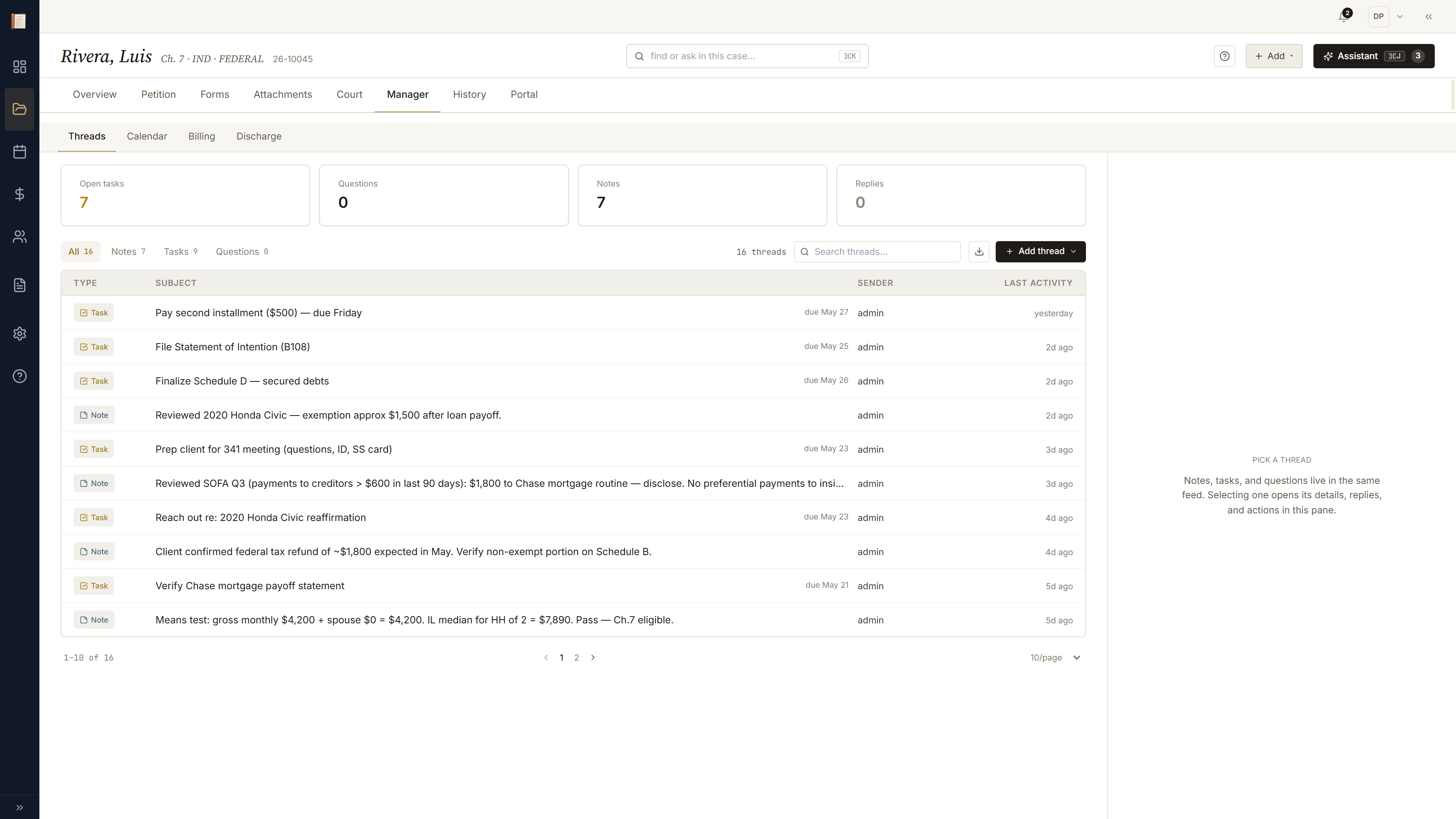Manager → Threads subtab: unified notes/tasks/questions inbox