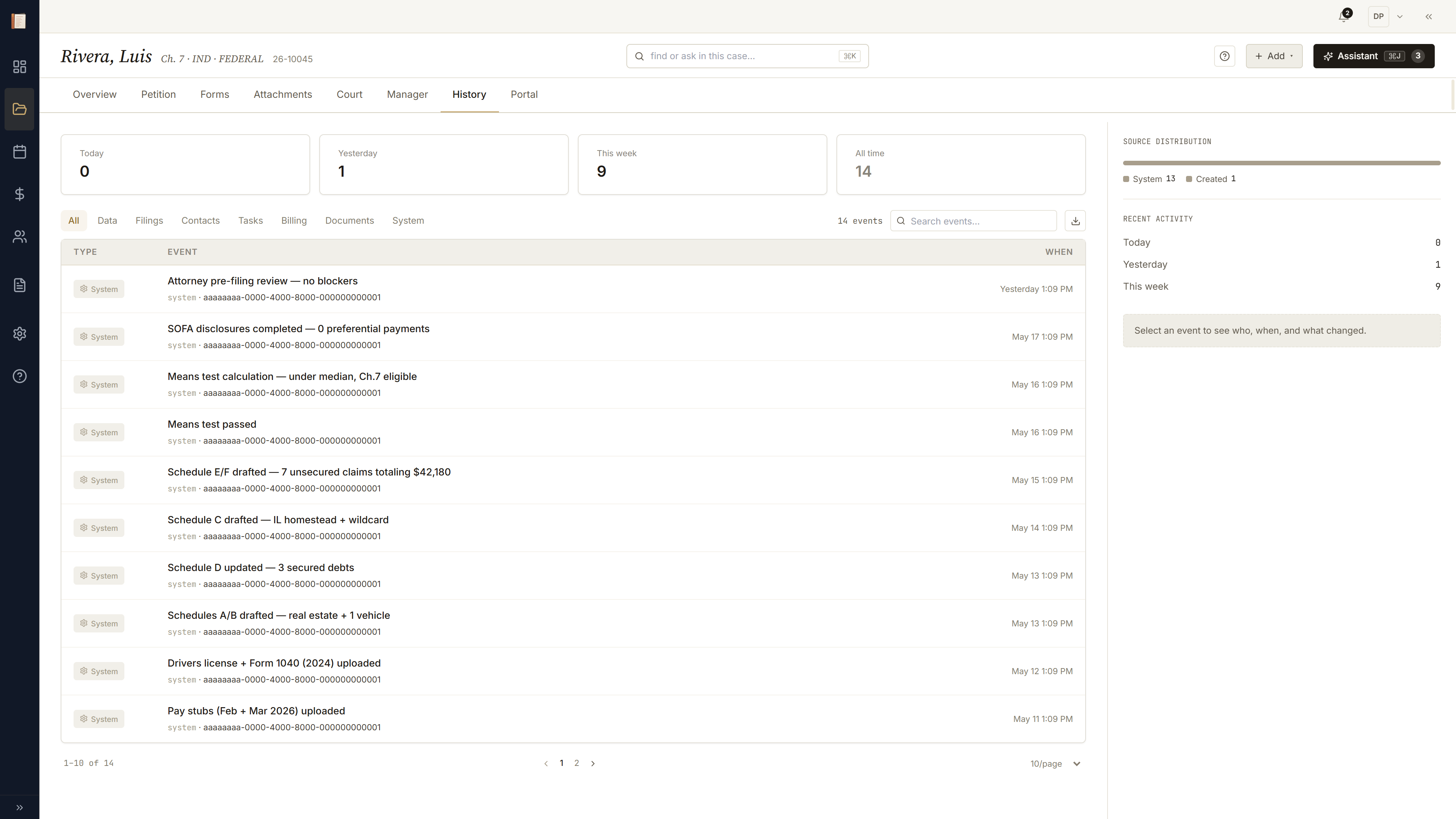 History tab with a chronological audit trail of entries, status changes, and filings