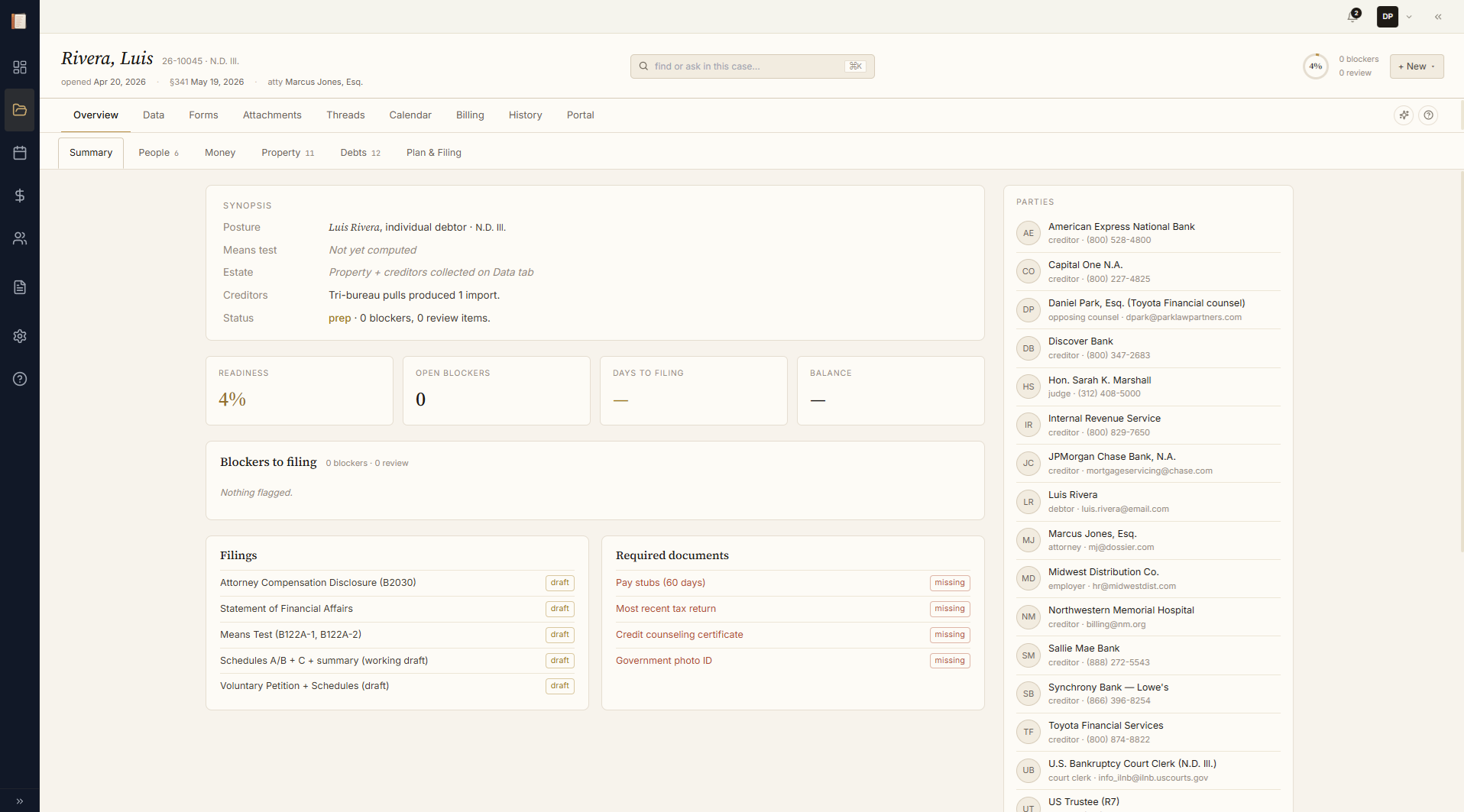 Case overview with tabs, status, and progress